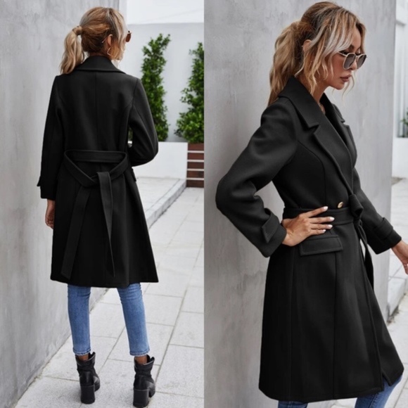 Trench Coat Double Breast Buttons belt pea coat - Picture 8 of 16